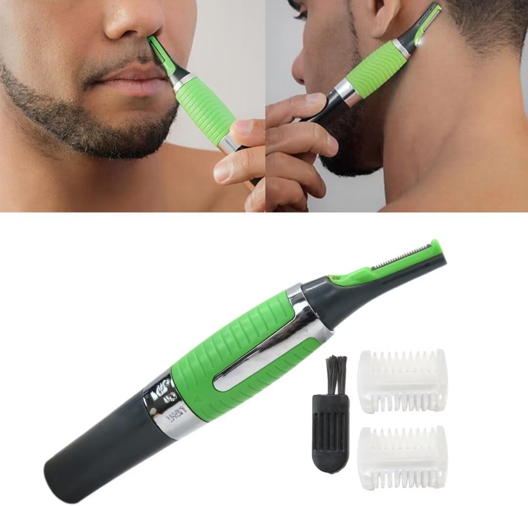 1-Pack Precision Eyebrow & Facial Hair Trimmer for Men Women – Electric Shaver with Anti-Slip Grip & LED – Painless for Nose, Ear, Beard – Combs + Brush (Green)