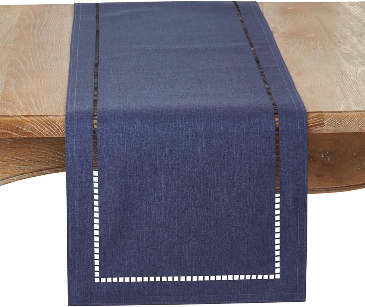 Fennco Styles Solid Color Laser-Cut Hemstitch Design Table Runner 14" W x 72" L - Natural Table Cover for Home Décor, Everyday Use, Wedding, Banquet, Holiday and Special Occasion