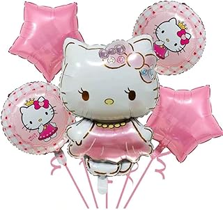 5pcs Hello Cat Party Supplies 18 inches Round Aluminium Balloons For Hello Cat Birthday Party Decorations Pink Cat Theme Party Decorations Aluminium Balloons (5pcs Style B)