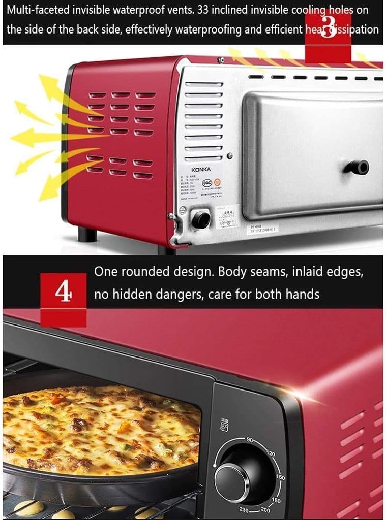 Mini 12L Oven,Temperature Setting 0-230℃ 0-60 Mins Timer Double Glazed Door Toaster Convection Countertop Toaster Oven Red Useful