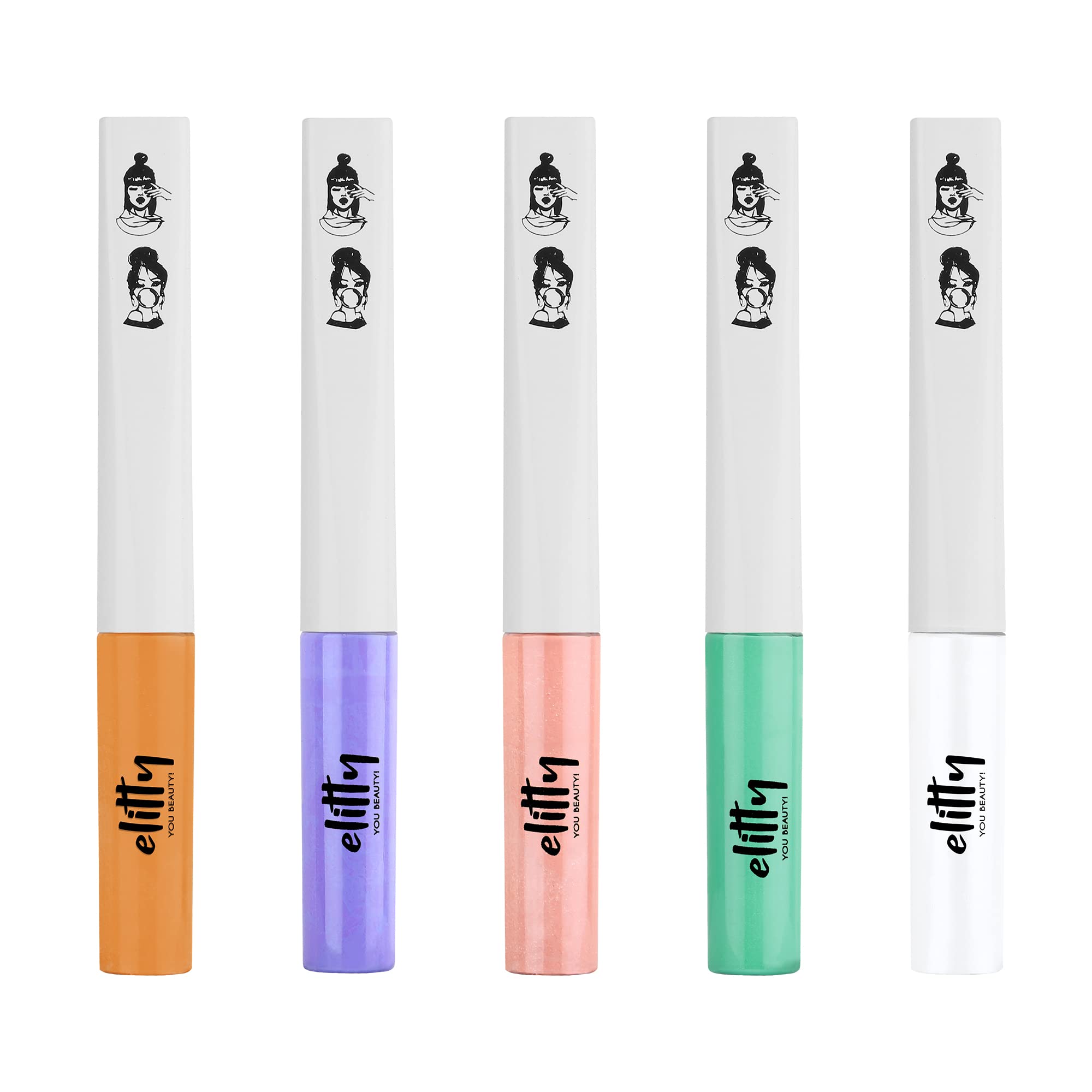 Elitty In My Feels Pop Colour Waterproof Liquid Eyeliner Combo (Pack of 5) | Matte Shades (Purple, Orange, Peach, Cyan Green, White) | Lasts Upto 12 Hrs | 4 ML Each