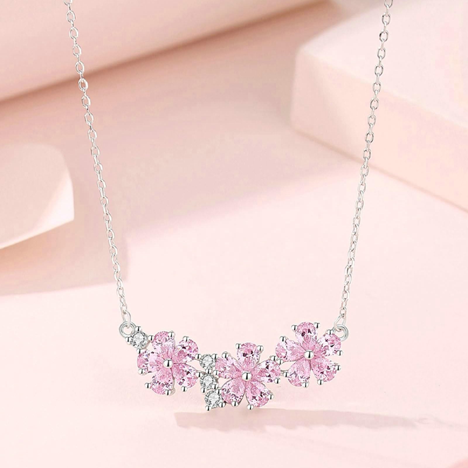 Collar de platino con colgante para mujer, colgante de flores con zafiro rosa y moissanita, collar de boda, cadena de oro blanco, 45 cm