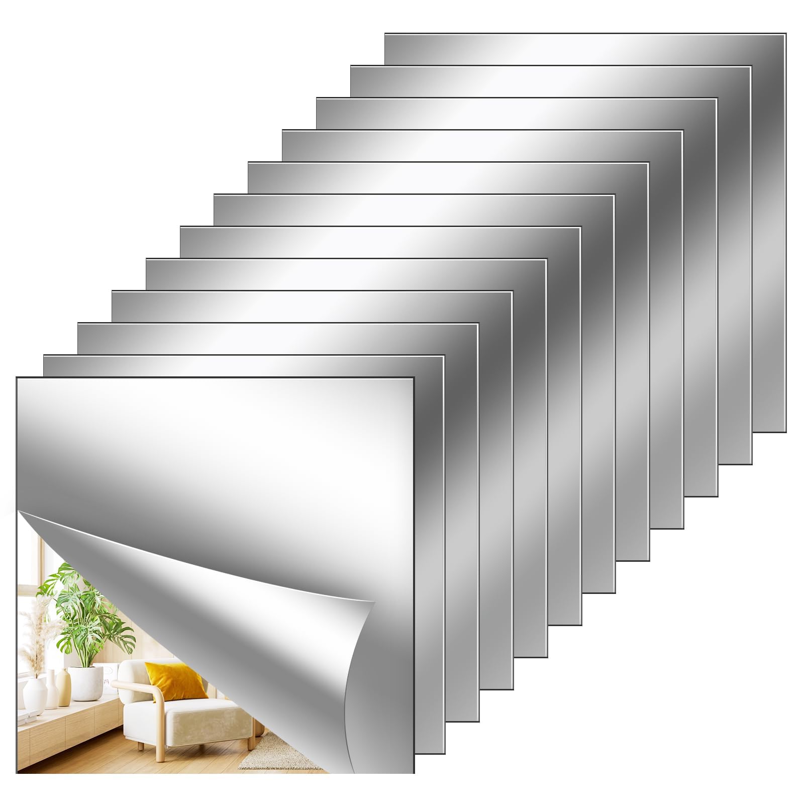 12 Pcs Mirror Tiles, 15x15CM HD Mirrors Stickers for Walls, 2MM Thickened Acrylic Mirror Tiles for Wall Bathroom, Non-Glass, Safety Reflective, Self Adhesive Cutable for DIY Craft Home Wall Decor