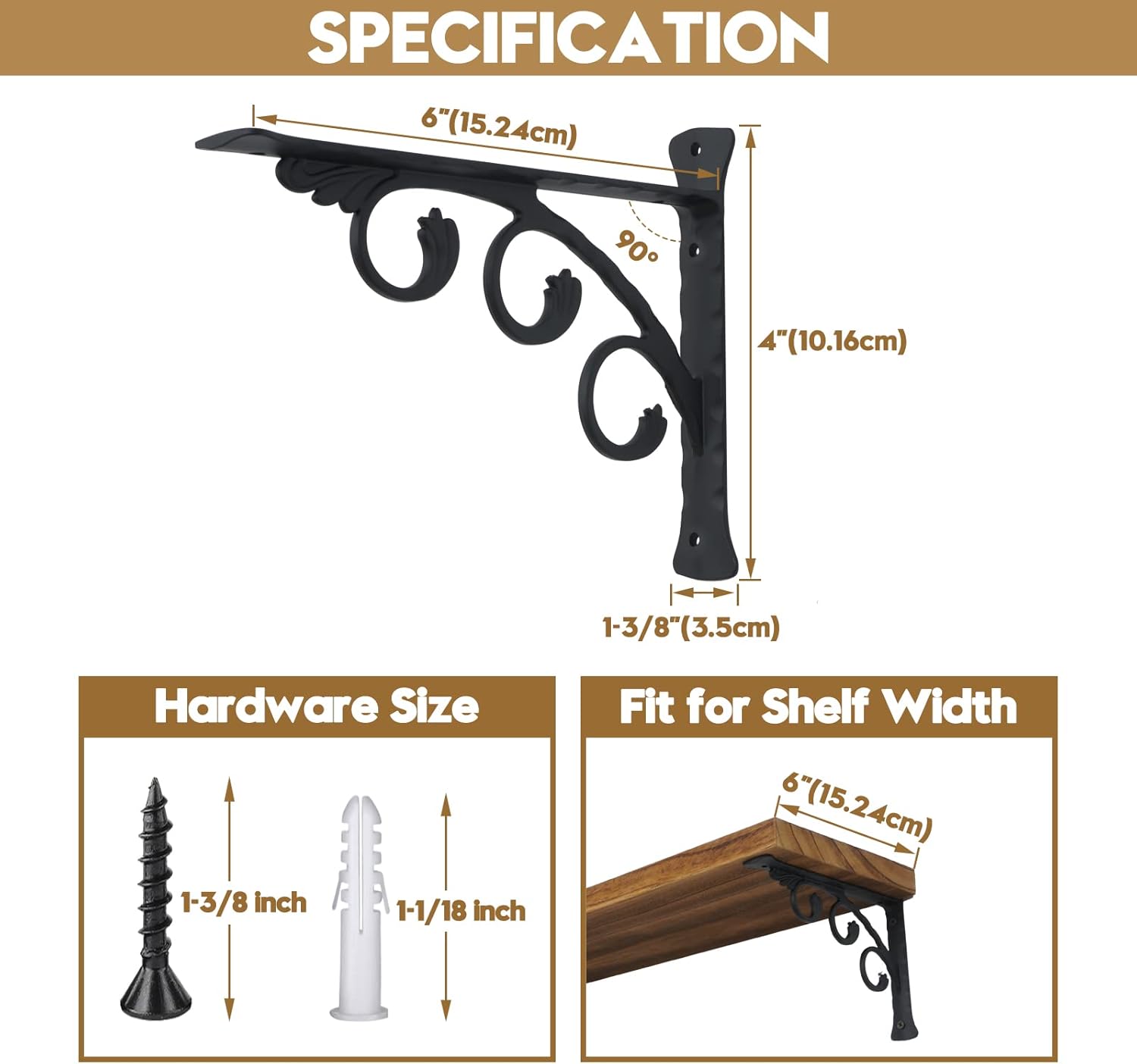 AddGrace Decorative Shelf Brackets L Shape 6 inch Black Wall Mounted Shelf Bracket with Screws (Black) 6inch