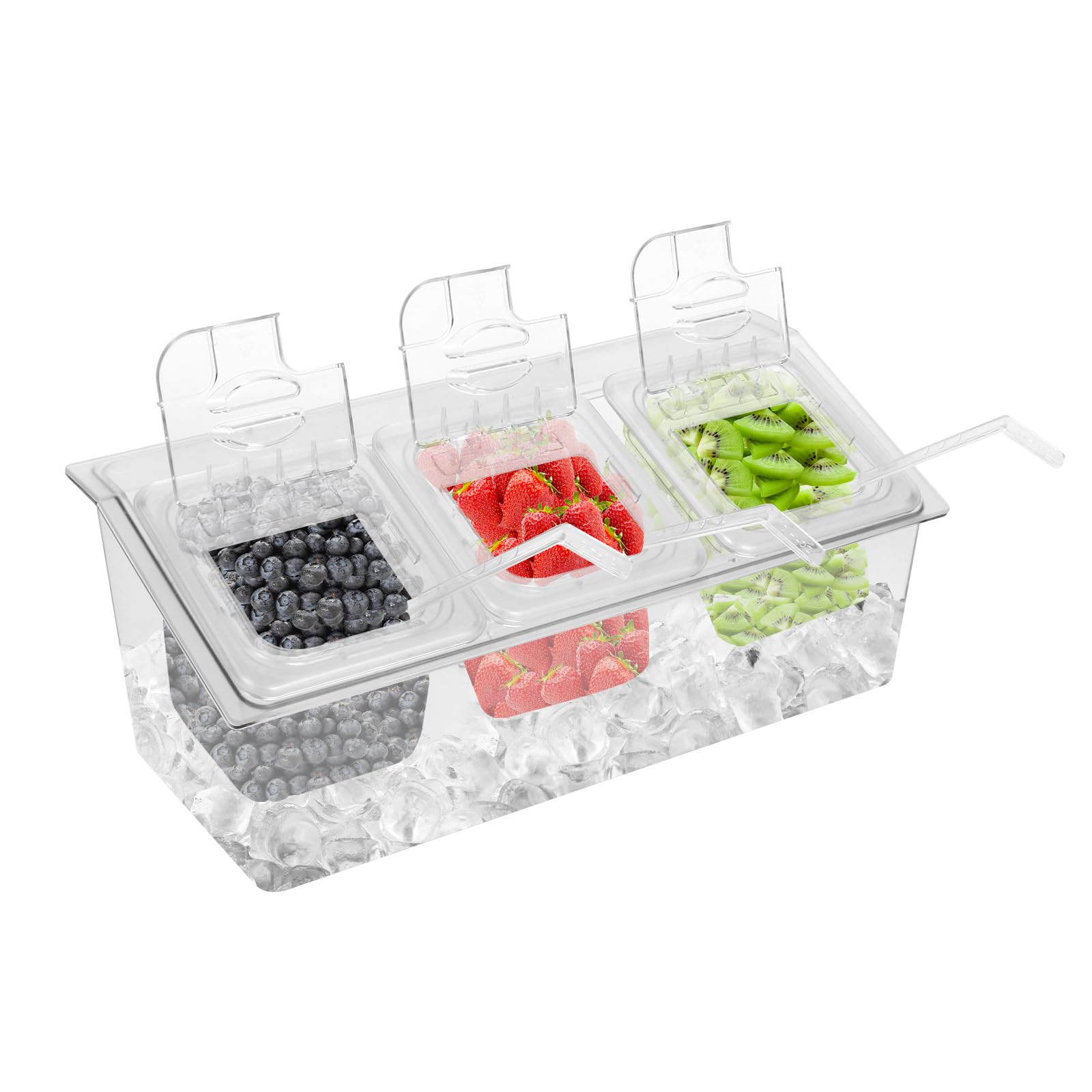 Restlrious Clear Condiment Tray, Ice Chilled Condiment Holder w/Three 1/6 Size Removable Compartments, Flip Lids & Mid Scoops, 6’’ Chilled Caddy Server w/Ice Tray for Salads, Dispensers & Fruits