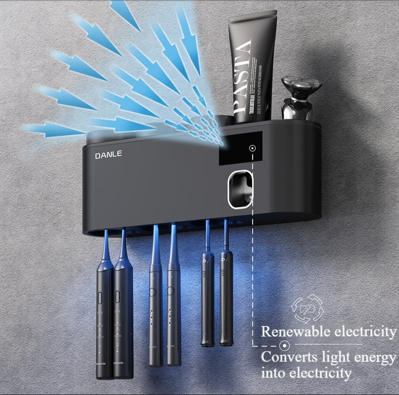Desinfectante inteligente UV para cepillos de dientes y portavasos, esterilizador UV-C inalámbrico con tecnología de detección automática, soporte de pared impermeable y sin taladro, duración de la