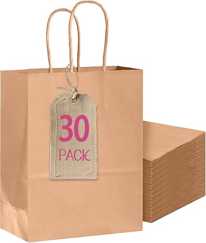 Bakepacker Paquete de 30 bolsas de papel de regalo de tamaño mediano con asas a granel de 10.6 x 8.3 x 4.3 pulgadas, bolsas de compras de papel