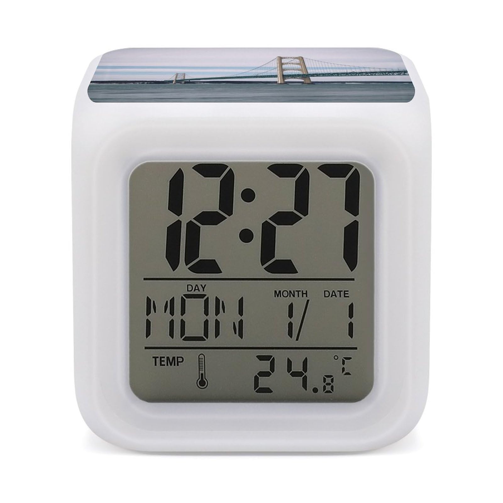 VstaDank Mackinac Suspension Bridge Alarm Clocks with 7 Color Changing Night Light Exquisite Bedroom Digital Clocks with LED Temperature Display Desk Clock Ok to Wake Clocks for Heavy Sleeper