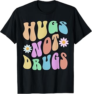 Funny Groovy HUGS NOT Drugs Retro Sober Red Ribbon NA T-Shirt