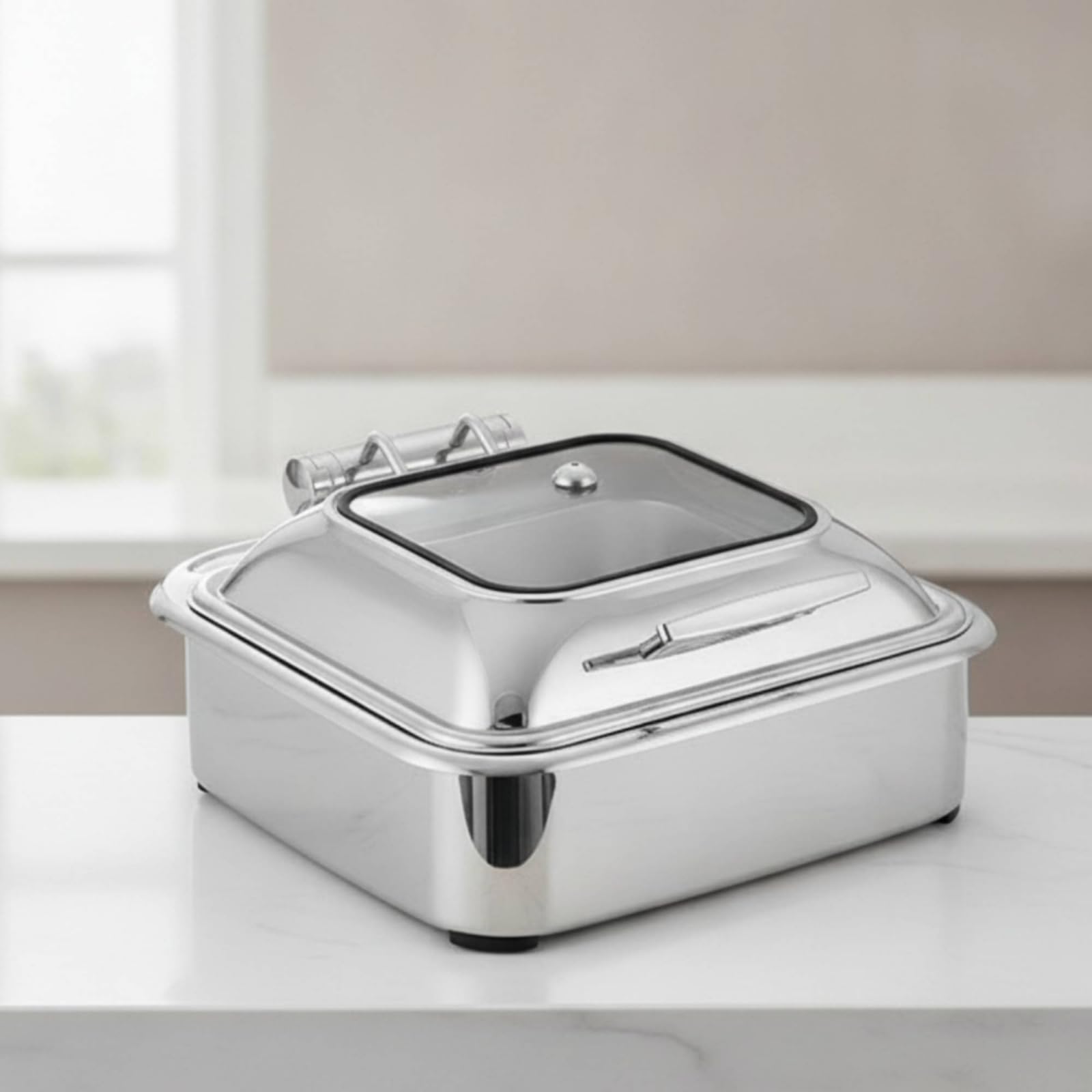 predolo Scaldavivande con Coperchio in Vetro Professionale Scaldavivande in Acciaio Inox da Tavolo Chafing Dish per Catering, Rotondo, Con Telaio Di Lusso Riscaldamento Elettrico, Scomparto Singolo