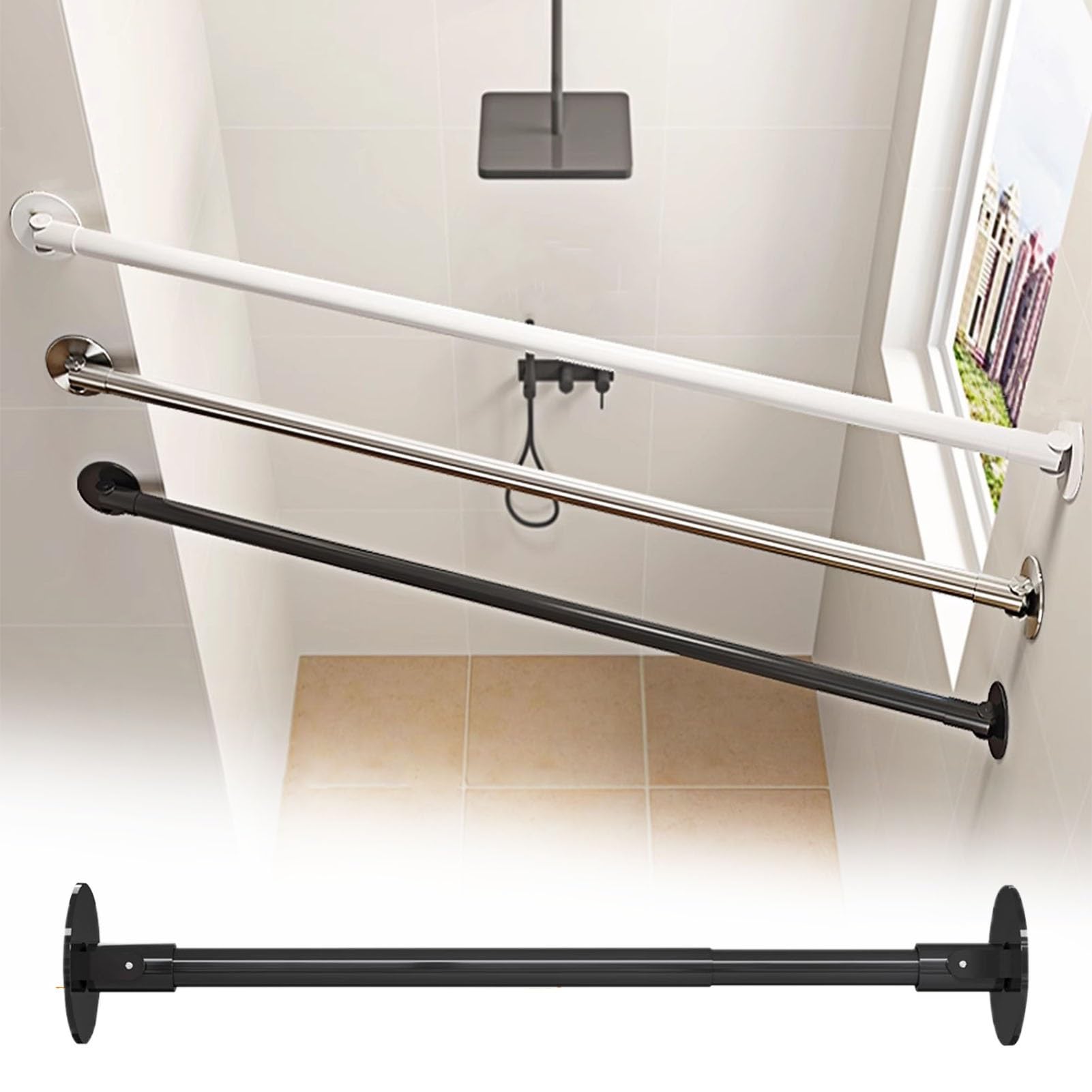 Closet Rod Flange Adjustable Closet Rod for Angled Wall, Retractable Corner Shower Curtain Rod Stainless Steel, 180° Swivel Hanging Clothes Support Pole(Black,55-75cm(21 5/8
