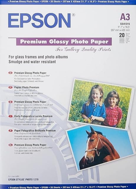 Epson 2357125 Premium Glossy Photo Paper, A3, 297 x 420mm, 255 g/m2, 20 Sheets, White