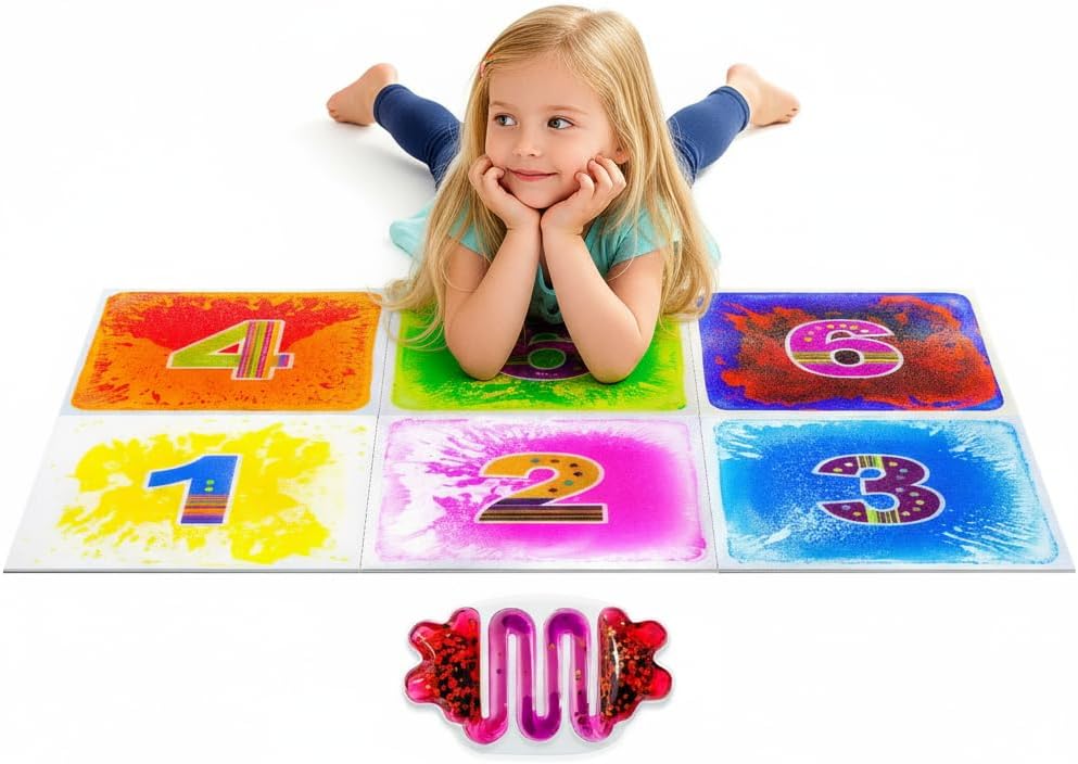 Numbered Sensory Floor Tiles for Kids, 6Pack Crystal-Clear PET Liquid Play Mats with Bonus Fidget Toy, Educational Lava Puzzle Pad for Learning & Gross Motor Skills, Autism Classroom Must Haves