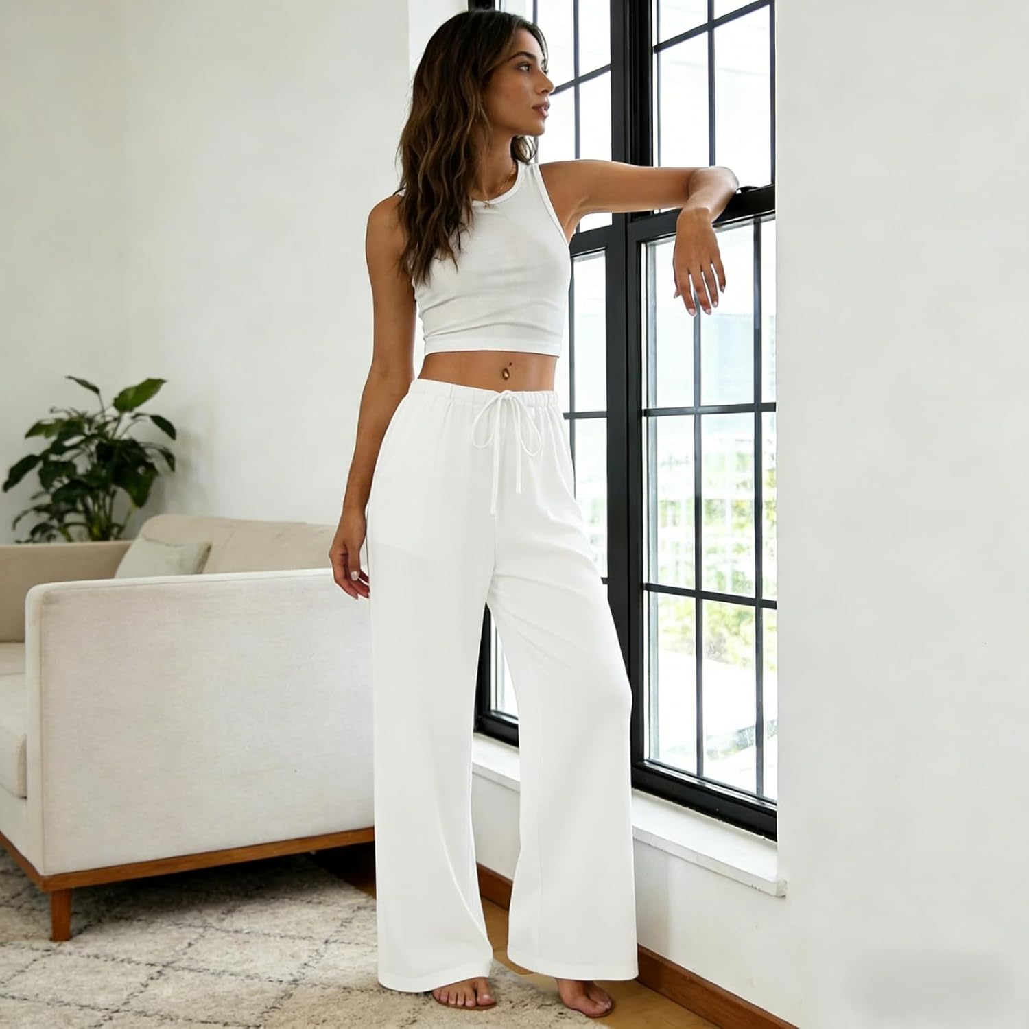 Women's Wide Leg Linen Pants Flowy Palazzo Drawstring Elastic Waist Summer Business Casual Beach Vacation Clothes - Image 6