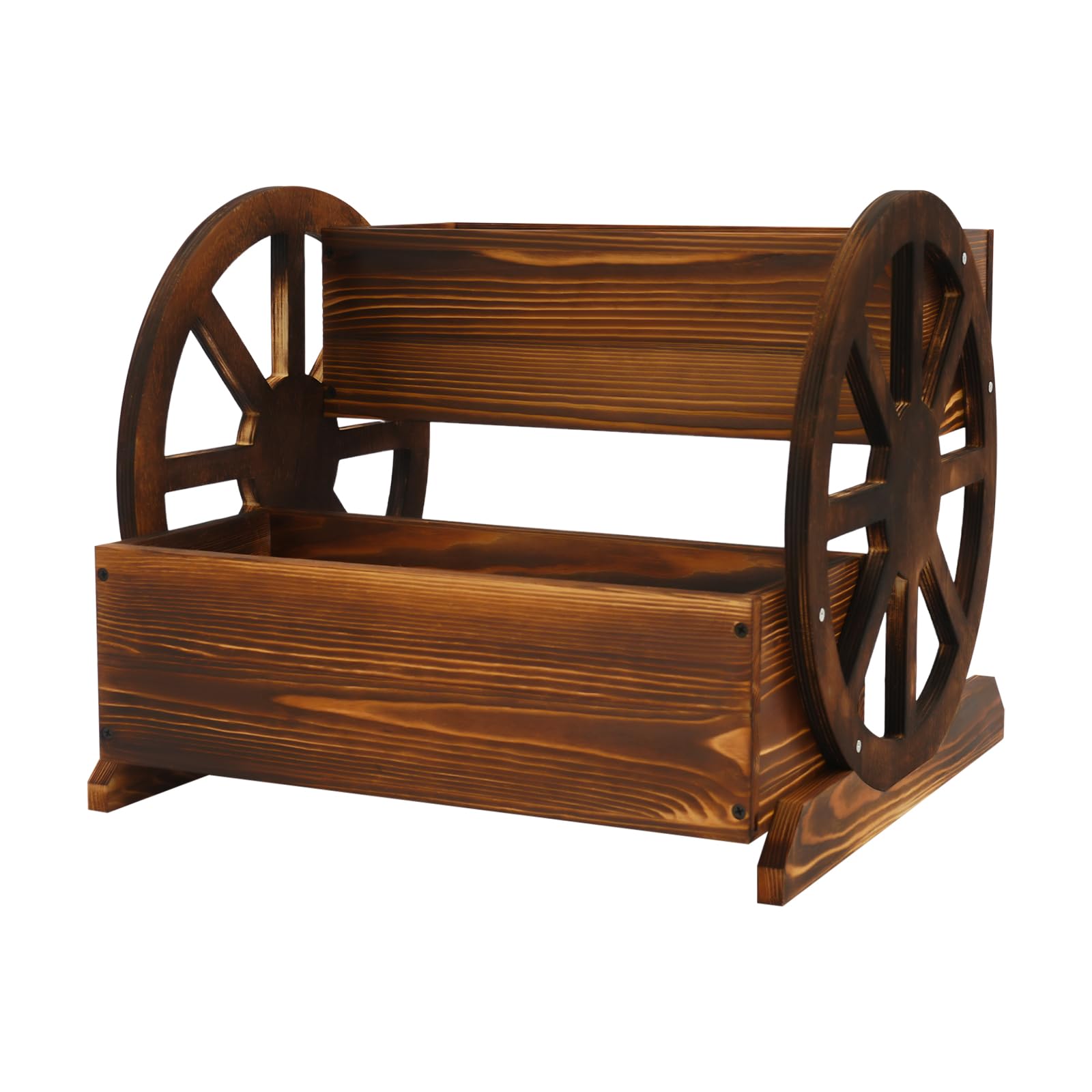 Blumenkasten Holz mit Wagenrad, Pflanzkasten mit Abflussloch