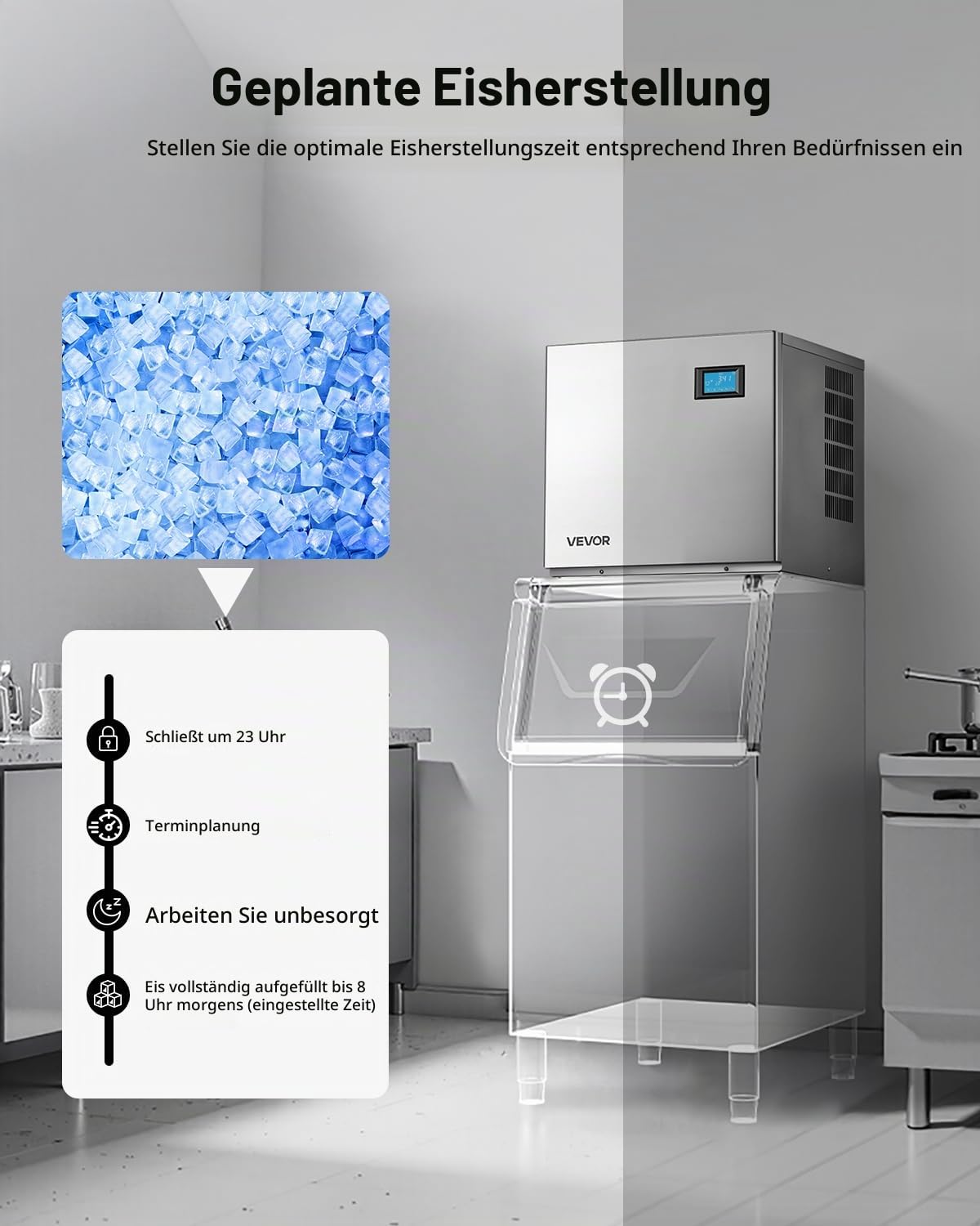 VEVOR Gewerbliche Eismaschine Prozessorkopf 163 kg/Tag Edelstahl, mit Selbstreinigung, Eiswürfelbehälter für 156 Würfel, Einstellbare Eiswürfelstärke, für Restaurants Bars Cafés Hotels (nur Kopf)