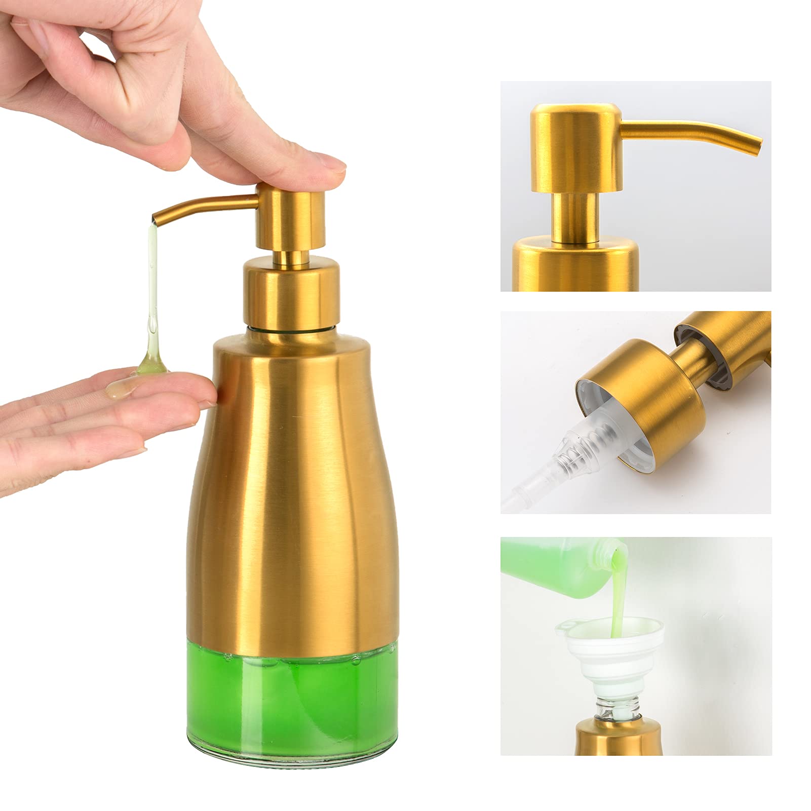 Gaussra Dispensador de jabón con posavasos y calcomanías, dispensador de bomba de mano de vidrio de acero inoxidable dorado cepillado, botella antioxidante, para botella de detergente de cocina y baño