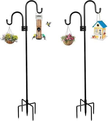 Whonline Ganchos de pastor dobles para exteriores de 76 pulgadas (paquete de 2), poste de comedero de pájaros resistente con base de 5 puntas, poste