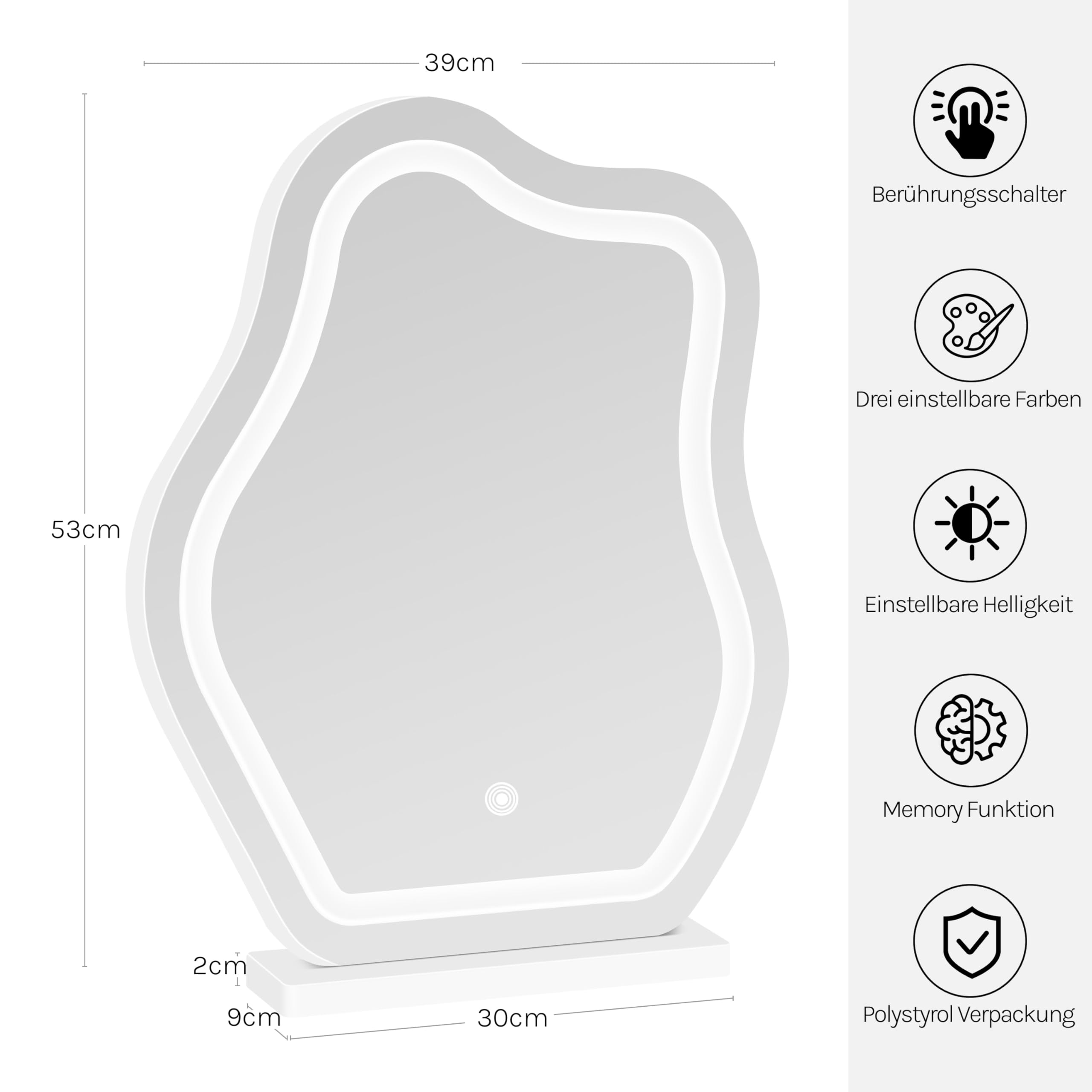 WOLTU Spiegel Schminktisch mit Beleuchtung, 3 Lichtfarben, unregelmäßiger Schminkspiegel in Wolkenform, moderner Kosmetikspiegel, Tischspiegel für Schminktisch und Schlafzimmer, 39 × 53 cm, Weiß