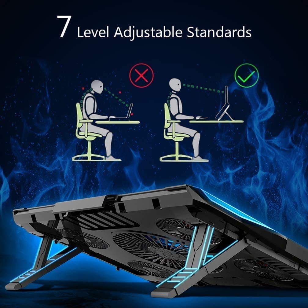 12-17 Inch Gaming Laptop Cooler Cooling Pad 5 Quiet Fans USB Powered Blue LED Light 7 Level Adjustable Mount Stands