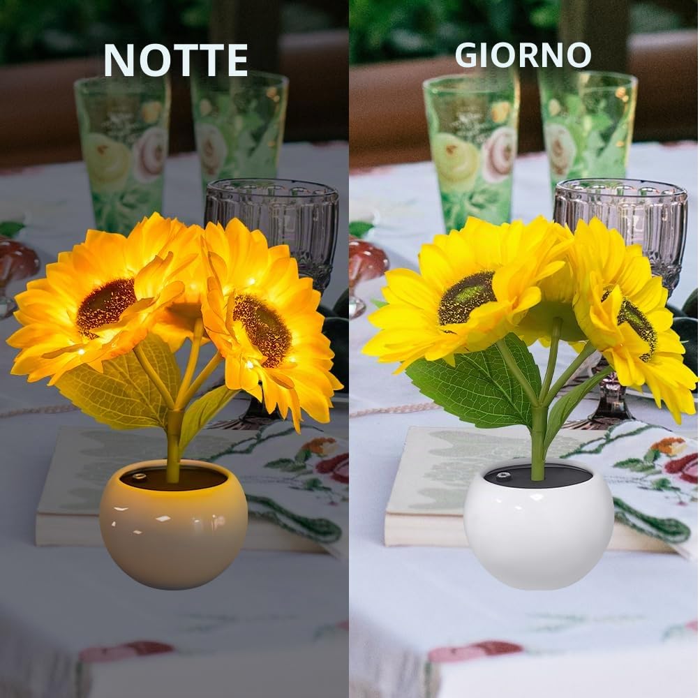 Lampada da Tavolo Girasole con Vaso in Ceramica Simulazione Fiore Luce d'Ambiente USB Ricaricabile Ornamenti per La Casa Soggiorno Matrimonio Desktop Decor