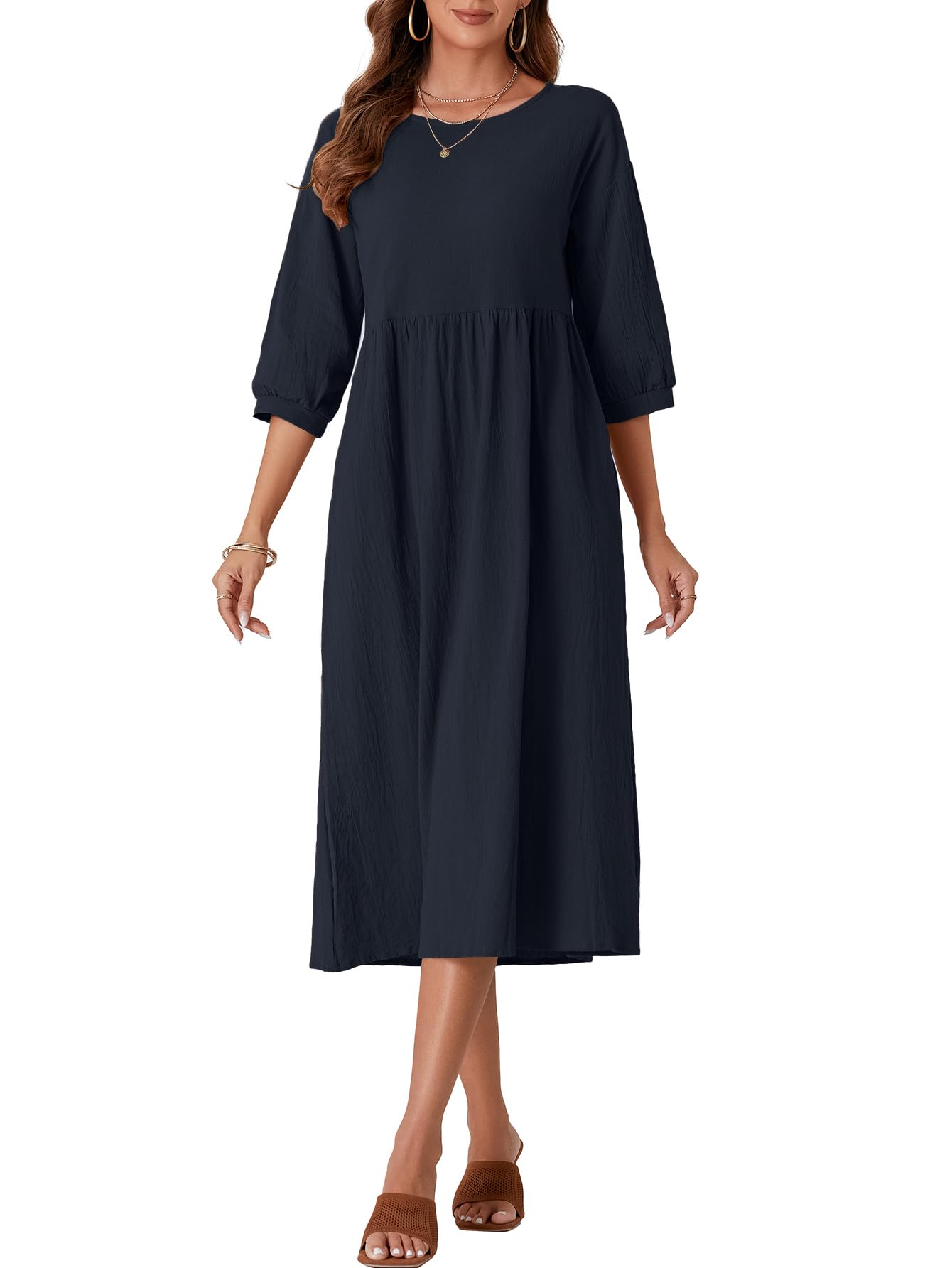 Photo 1 of Umenlele Women's Casual Boho Puff 3/4 Sleeve Crewneck Flowy Loose A Line Tunic Maxi Dress, MEDIUM, Navy Blue