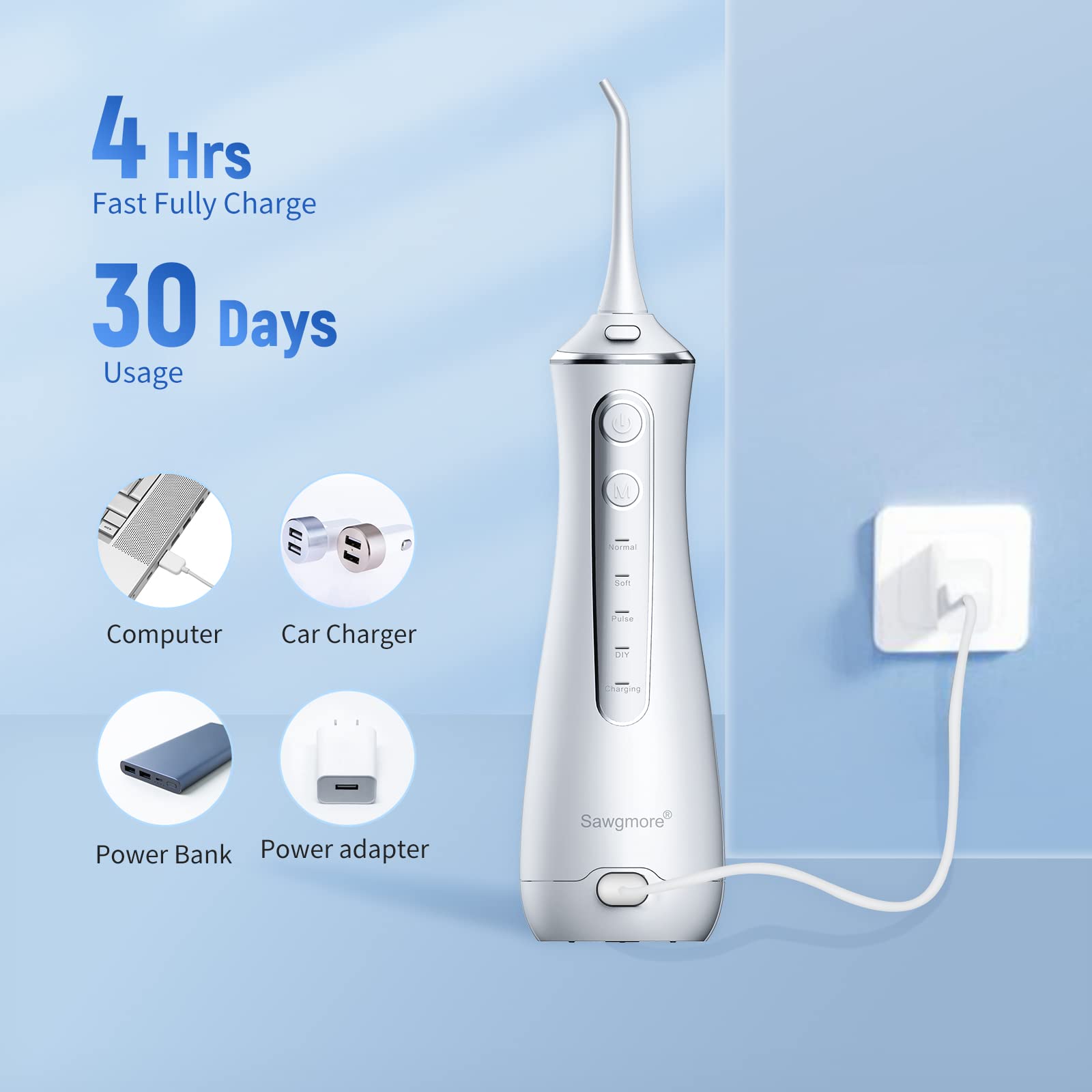 Sawgmore Irrigador Bucal Portatil, Irrigador Dental con 4 Modos y 4 Boquillas de Repuesto, Recargable por USB, Impermeable IPX7 Water Oral Flosser Limpieza Dientes Ideal para Viajes a Casa