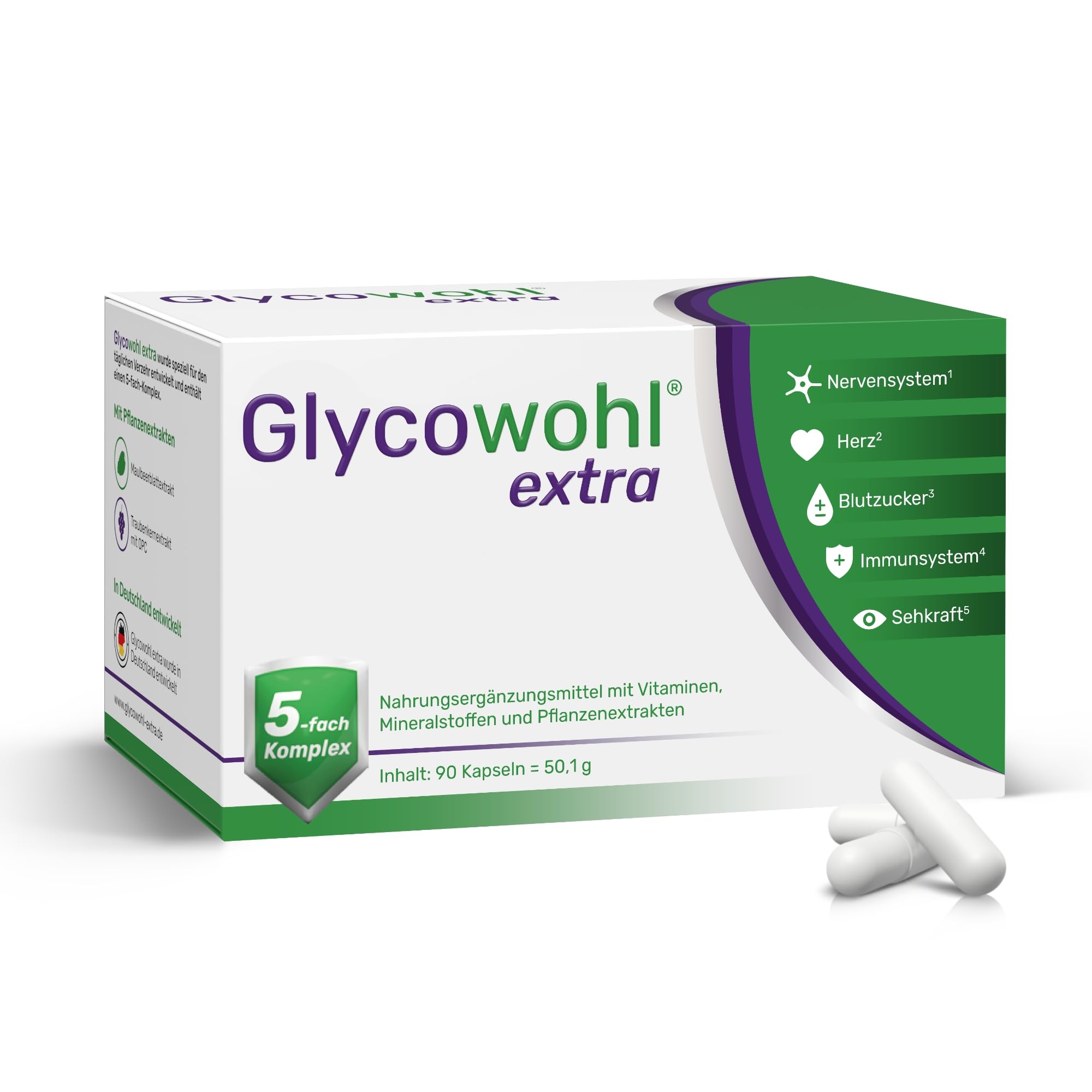 Glycowohl Extra Blutzucker Komplex – mit Chrom, OPC & Maulbeerblattextrakt | Chrom trägt zur Aufrechterhaltung eines normalen Blutzuckerspiegels bei · OPC, Maulbeerblatt, Vitaminen & CoQ10