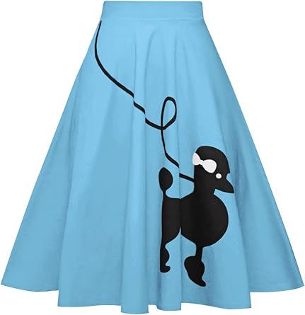 ZEZCLO Womens 50s Vintage Poodle Skirt Dog Printed High Waist Loose Fold Pleated A-line Zipper Skirts Light Blue M