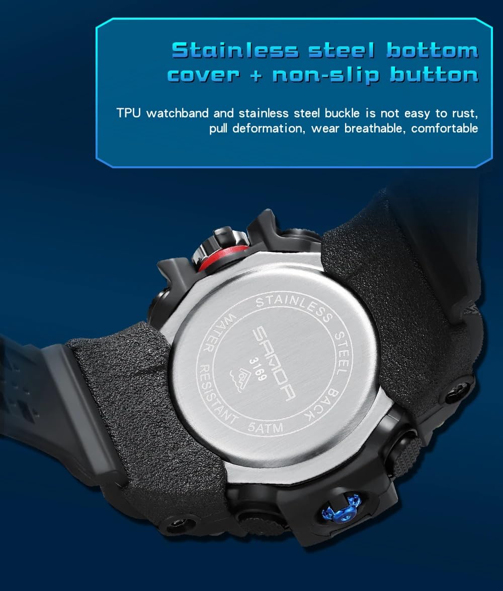 Gosasa Montre analogique numérique de style militaire, grand cadran 5,6 cm, étanche à 50 m, double fuseau horaire, alarme, rétroéclairage LED, chronomètre, bracelet en polyuréthane
