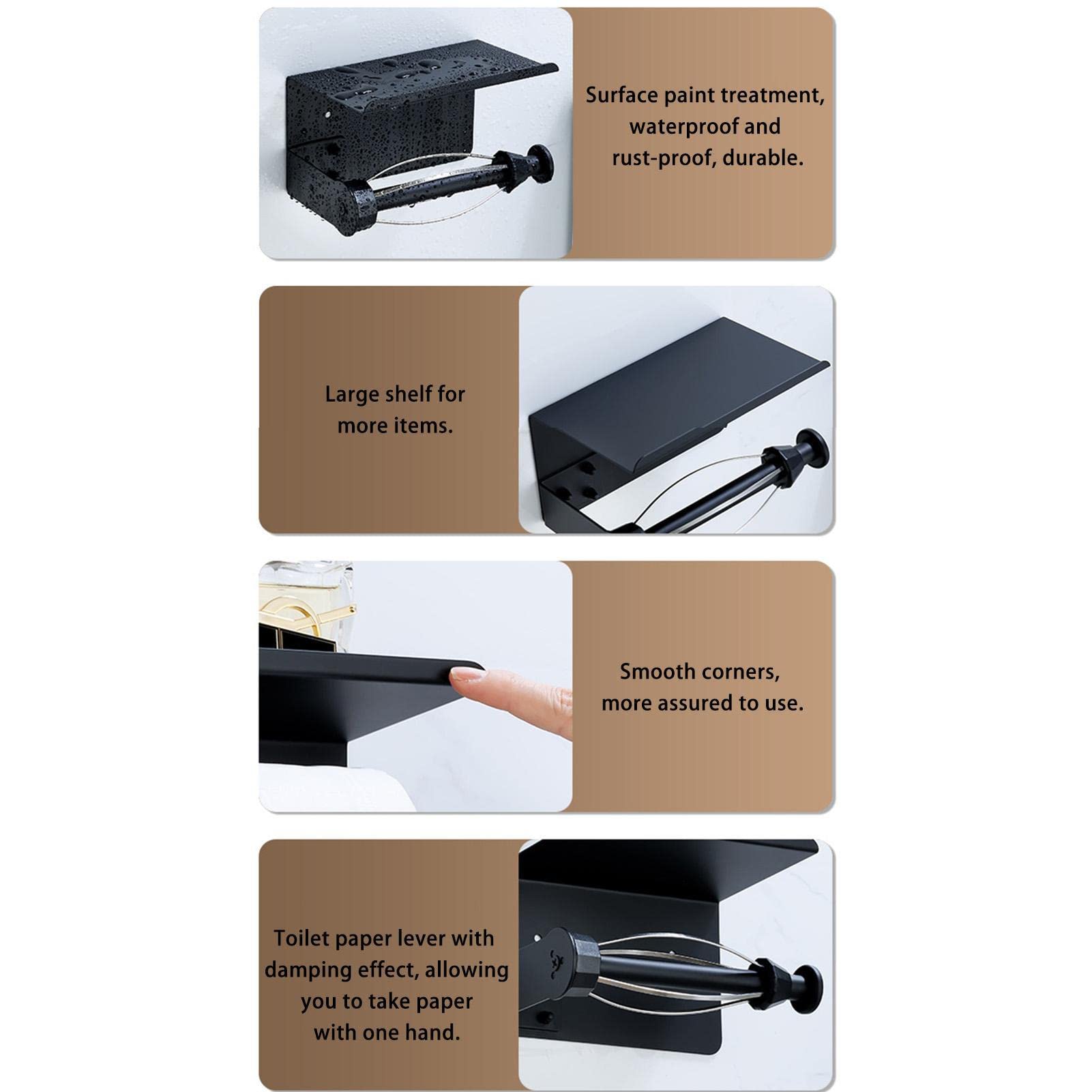 Soporte de papel higiénico de acero inoxidable con estante y soporte para teléfono móvil, organizador de almacenamiento de baño de estilo moderno para rollo de papel higiénico, montaje autoadhesivo