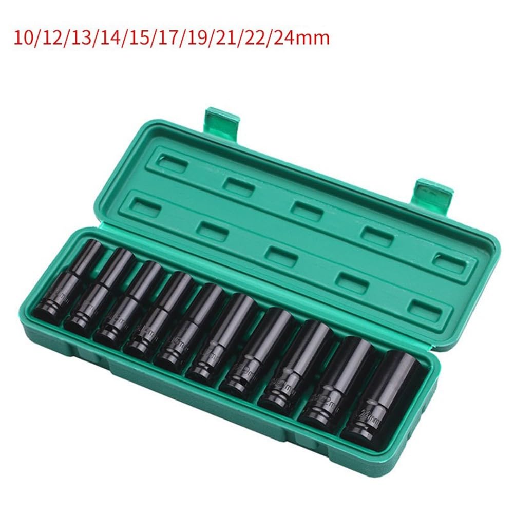 Set di chiavi a bussola a 6 punte da 1/2", in acciaio al carbonio, 10-24 mm, con custodia per utensili manuali e elettrici, 10 pezzi