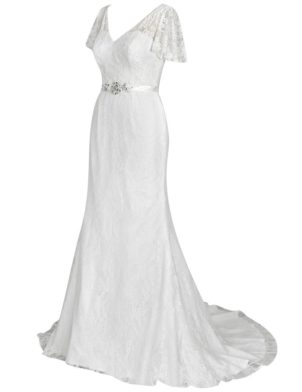 Col en v Glisser Robe de Soirée Dentelle avec Train Partie Robe, Blanc, 40