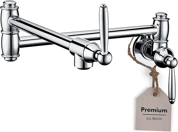 YSNOL Pot Filler Faucet, Wall Mount Pot Faucets for Kitchen Sink with Double Reinforced Joint Swing Arms, Solid Brass Heavy Duty Folding Stove Faucet with 2 Handles(Chrome)