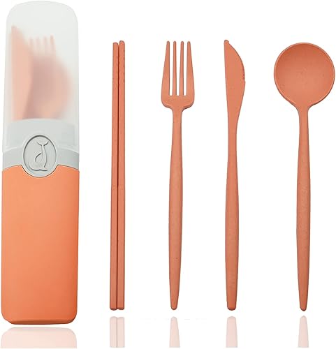 Miniatura 8 de JASHII Juego de utensilios de viaje con estuche, 4 juegos de paja de trigo reutilizable, cuchara, tenedores y palillos, vajilla ligera e irrompible,