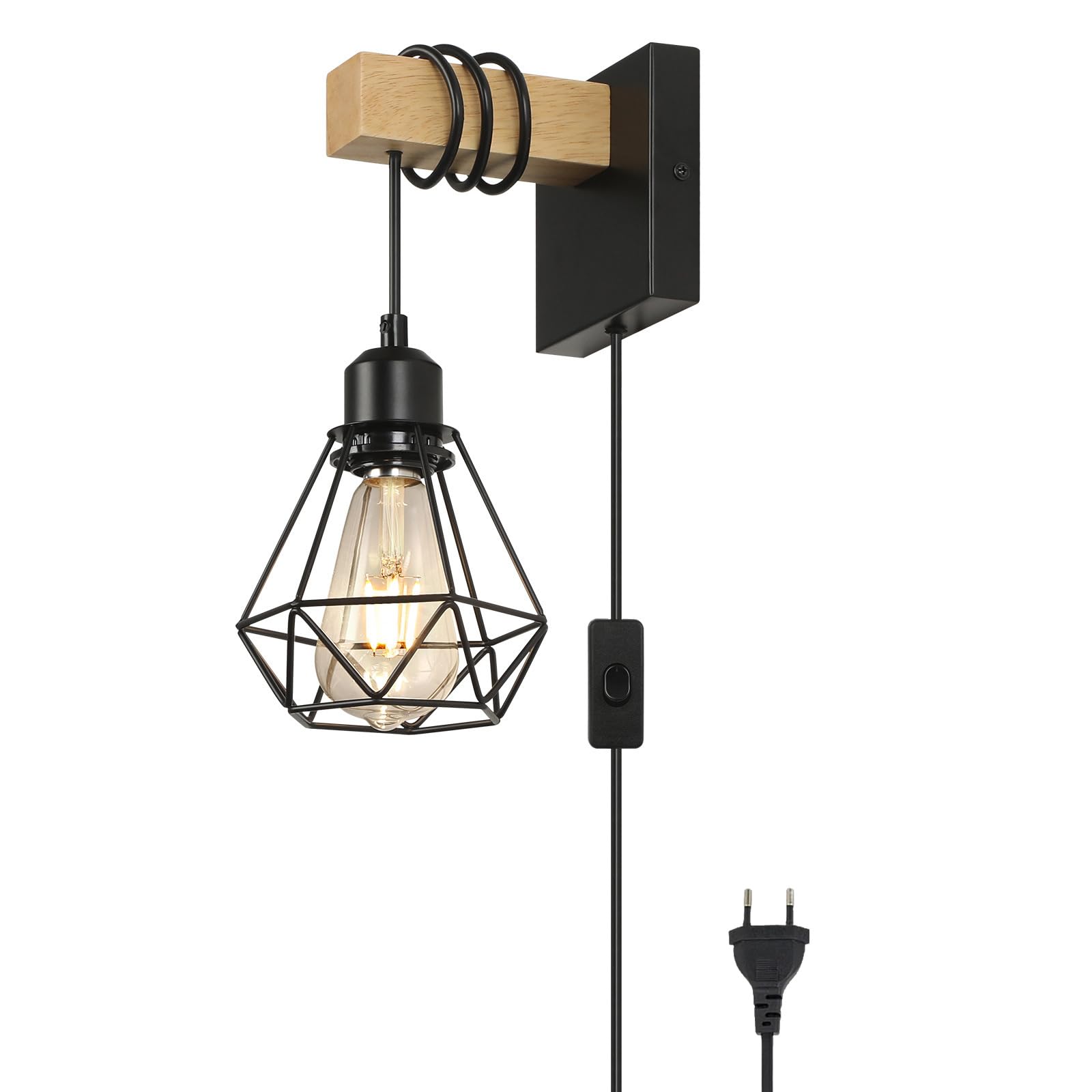 Lámpara de pared interior negra industrial con interruptor integrado y base de madera 8