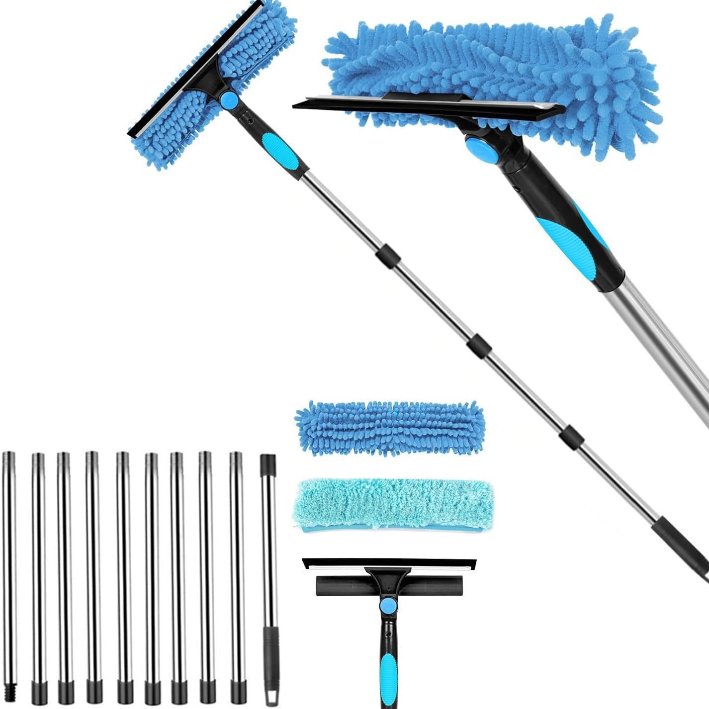 Pulitore telescopico per finestre, 3,7 m, 4,5 m, 2 in 1, set con estrattore in silicone e panno in microfibra, lavavetri con 10 aste telescopiche per finestre alte, auto (blu, 4,5 m)