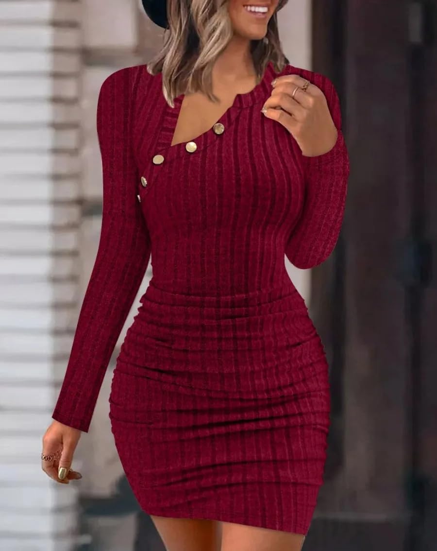 Vestido De Punto para Mujer - Vestido Midi Ajustado De Manga Larga con Cuello Abotonado Y Canalé para Mujer para Cumpleaños, Vestidos Elegantes De Calle De Otoño
