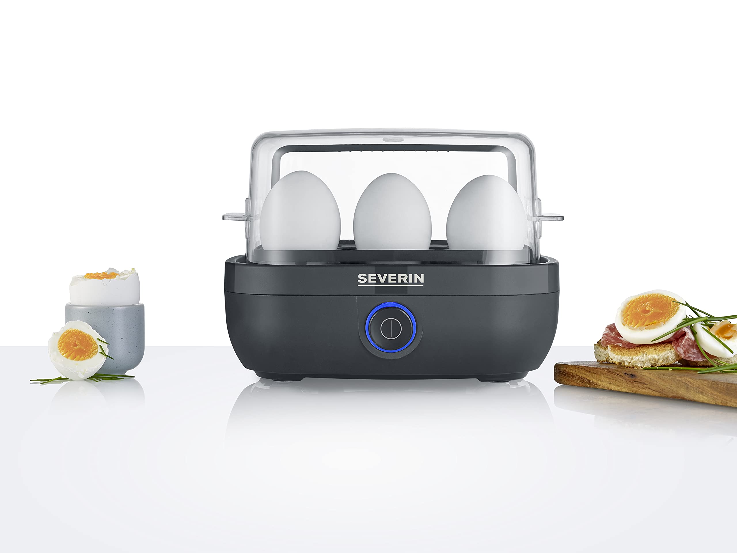 SEVERIN EK 3166 Egg Cooker for 6 Eggs with Electronic Cooking Time Monitoring with Measuring Cup with Egg Picker, Egg Cooker for Ideal Hardness, Black, 420 W