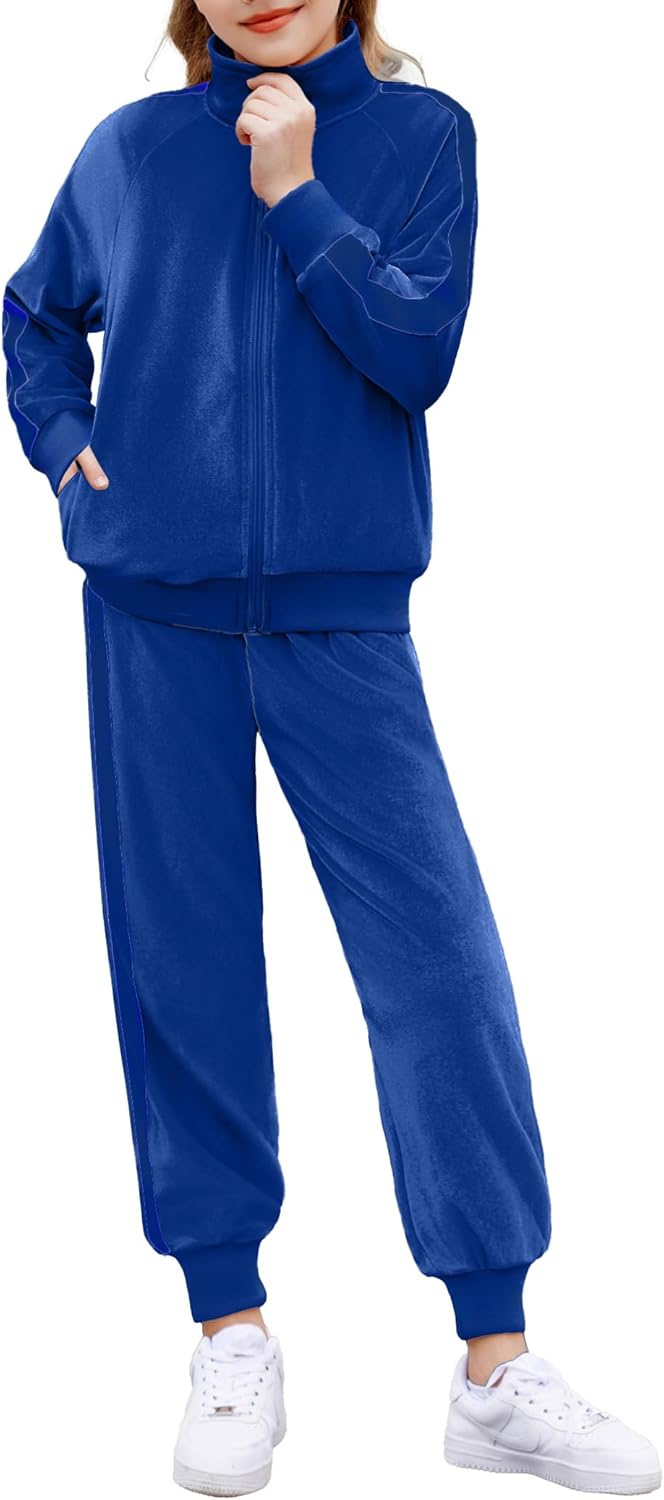 Zaclotre Girls 2 Piece Outfits Velour Tracksuit Zip Up Sweatshirt and Jogger Sweatpants Fall Winter Sweatsuits Set