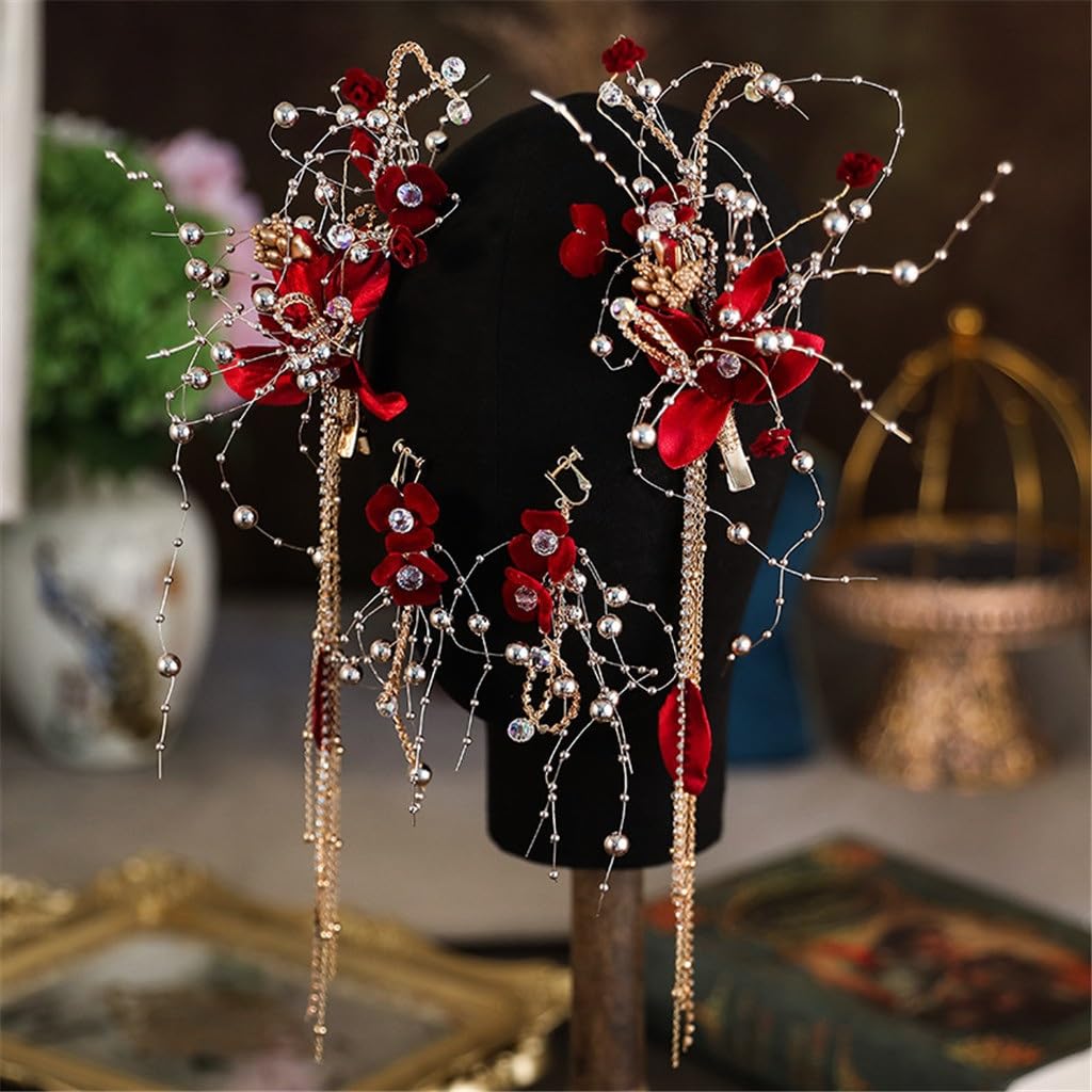 Bridal Headwear Wedding Red Side Clip Earrings Set Dress Hair Accessories Toasting Wear