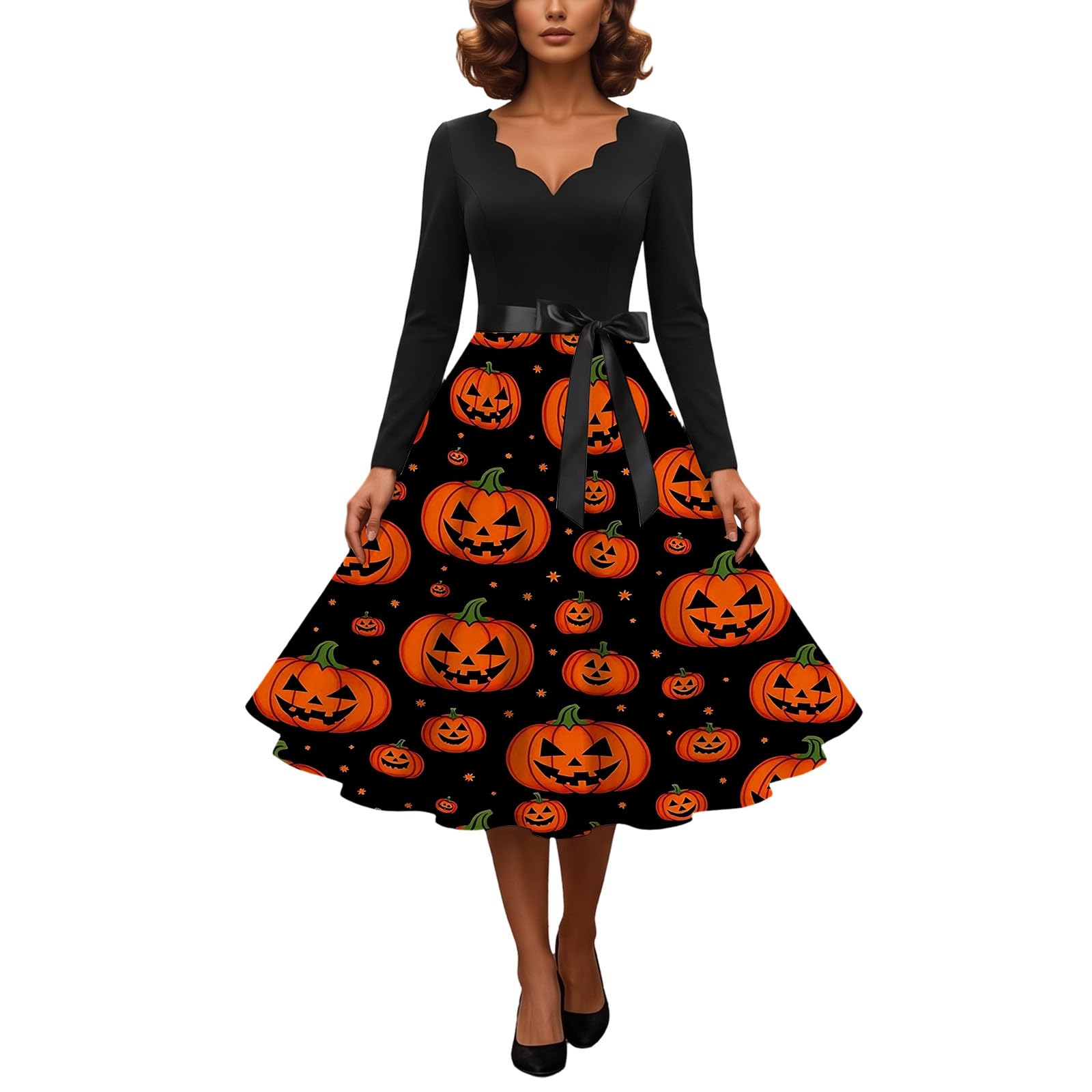 Halloween Costumes Adult Women 2026 Retropumpkin Skeleton Print Long Vintagewitch Dress V-Neck Long Sleeve A Line Swing Dress Party Cocktail Novelty Maxidresses