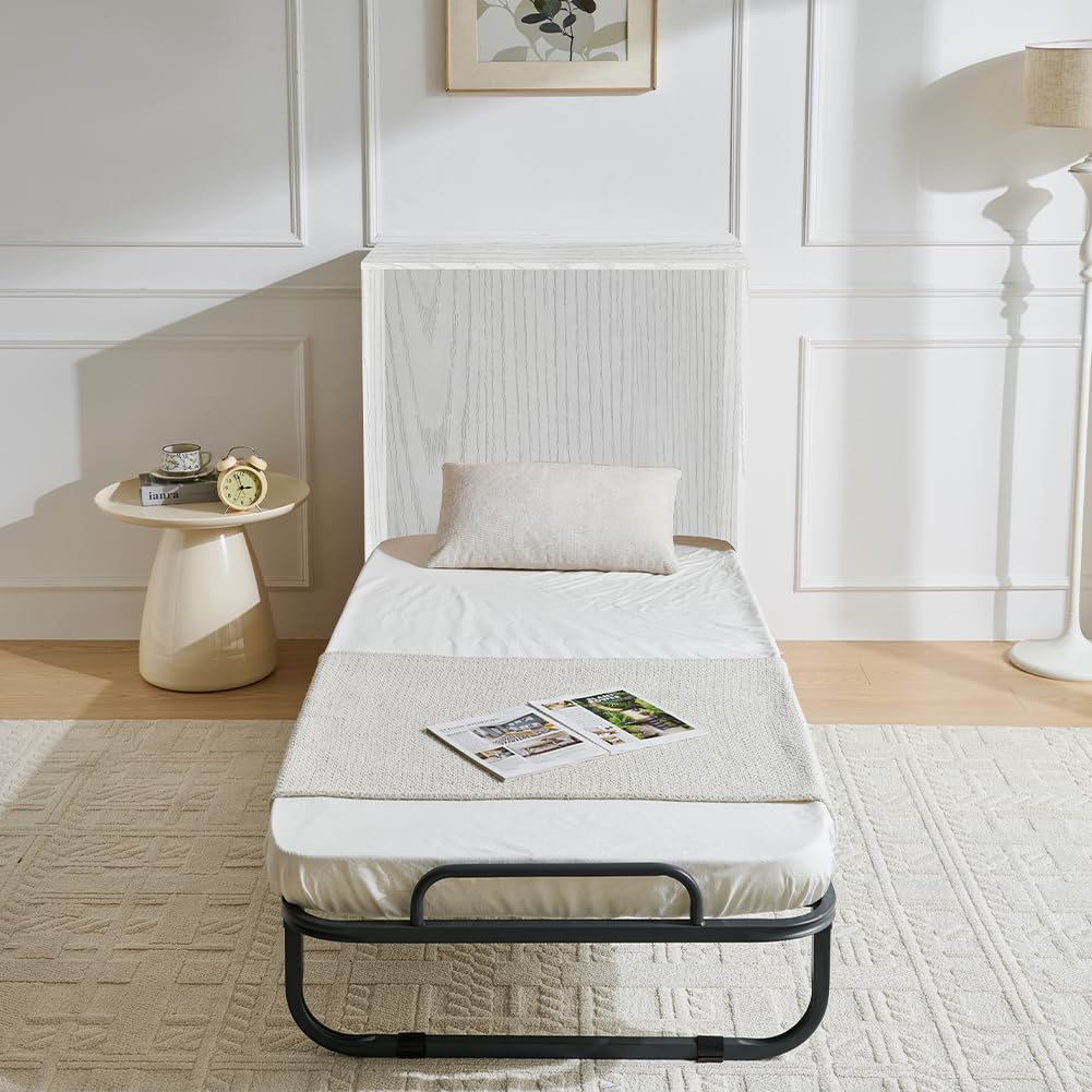 Shally Dogan Mobile Letto a Scomparsa, Giroletto Singolo Salvaspazio Richiudibile con Materasso Ergonomico Incluso, Armadio e Lettino da Parete Pieghevole Estraibile con Doghe (Bianco Frassinato)