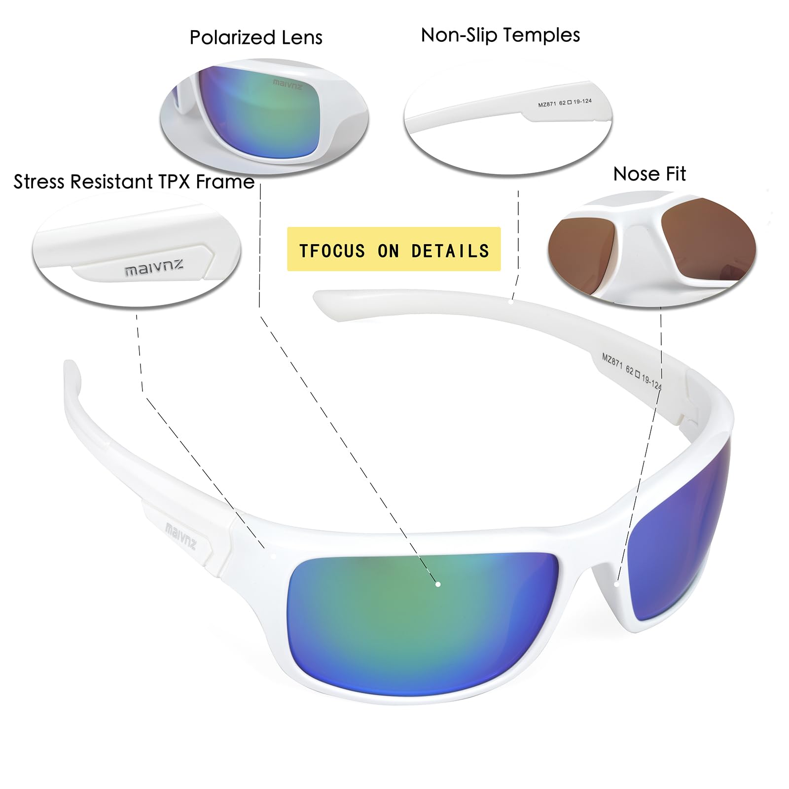 maivnz Revo męskie okulary przeciwsłoneczne z polaryzacją, pływające okulary przeciwsłoneczne, wędkarstwo, surfing, kajakarstwo, ochrona UV400, okulary przeciwsłoneczne, do sportów wodnych, białe