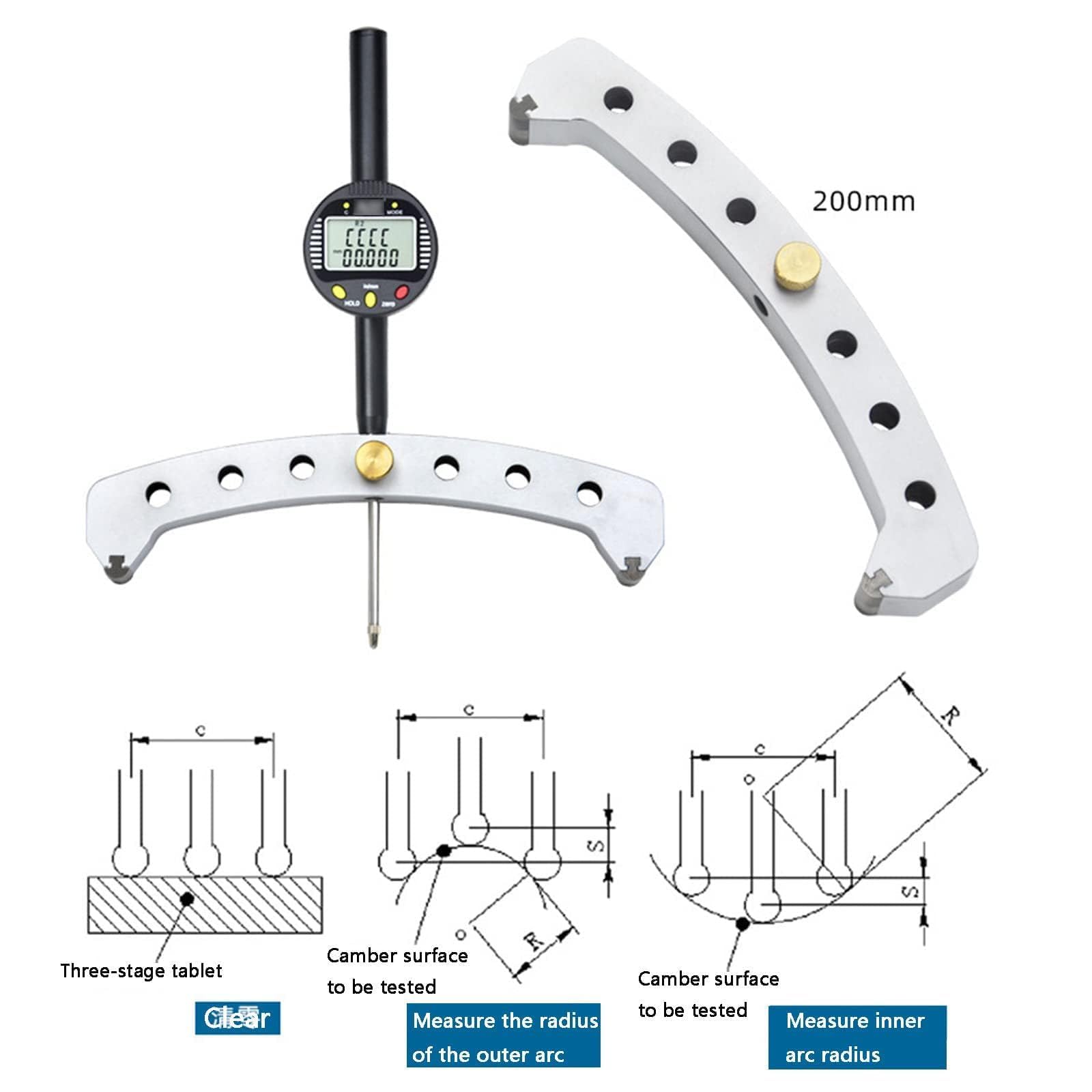 Digitales Radiusmessgerät, hochpräzises Messwerkzeug mit 200 mm Backe, Bereich 0–50,8 mm, Genauigkeit 30 um für mechanische Teile und Holzformen