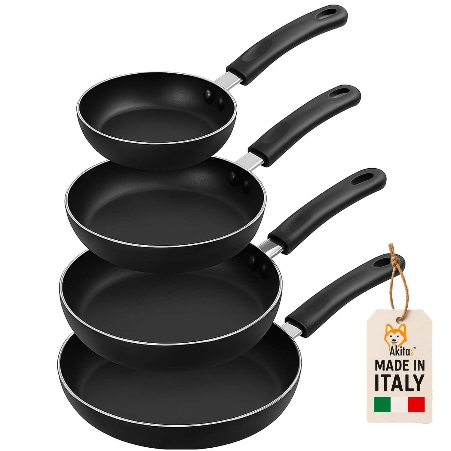 AKITAInk Set 4 Padelle Antiaderenti 16-20-24-28cm | Alluminio Leggero, Rivestimento PFOA Free, Fondo Antiaderente, Manici Soft Touch Made in Italy