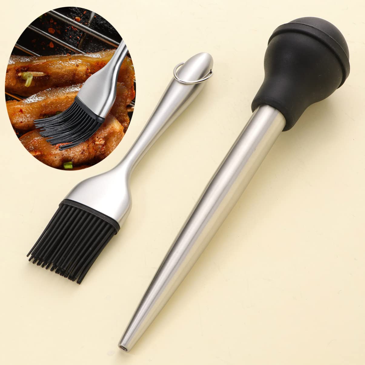 Set Utensili per Barbecue in Acciaio Inox 304 Contagocce Olio da Cucina, Tubo Rigido per Condimento Tacchino e Pennello in Silicone Alimentare, Accessori Pratici per Carne