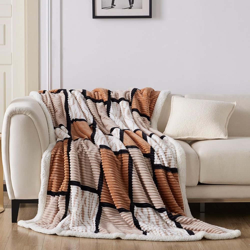 Gracelife Sherpa Fleece Throw Blanket - Soft, Warm Oversized 200 * 230cm Thick Fluffy Plush Reversible Plaid Blanket for All Seasons, Khaki — image 1