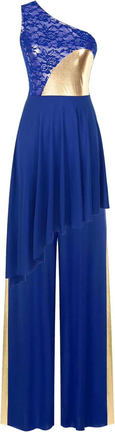 Women Liturgical Praise Dance Outfit One Shoulder Lace Patchwork Asymmetrical Worship Dress with Wide-Leg Pants