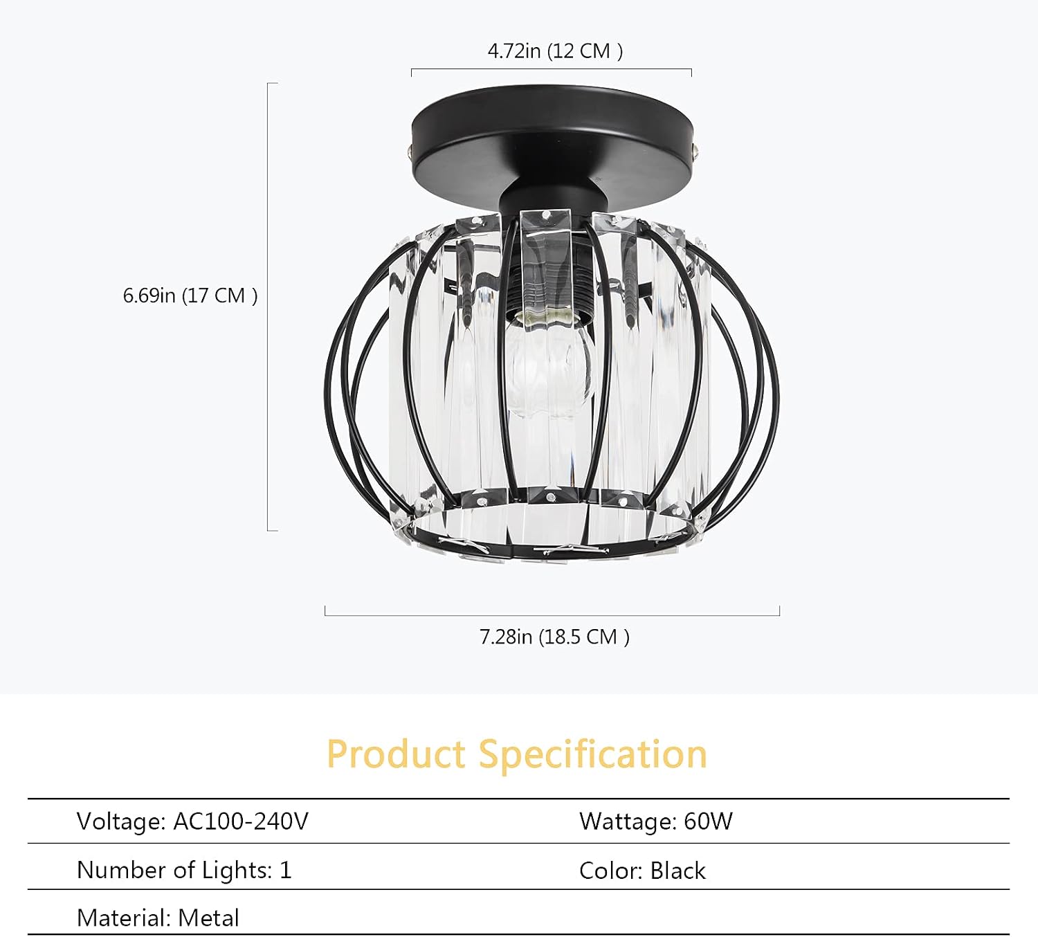 Mini Semi Flush Mount Ceiling Light Farmhouse Small Crystal Chandelier Black Metal Cage Ceiling Light Industrial Indoor Light Fixtures for Hallway Bedroom Living Room